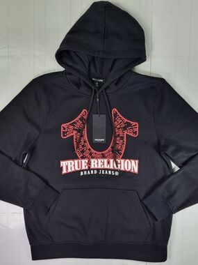 True Religion Men's Xlarge Black Hoodie with Red Logo Graphic New with Tags